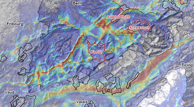 Karte mit Ansicht Flugbewegungen im Alpenraum